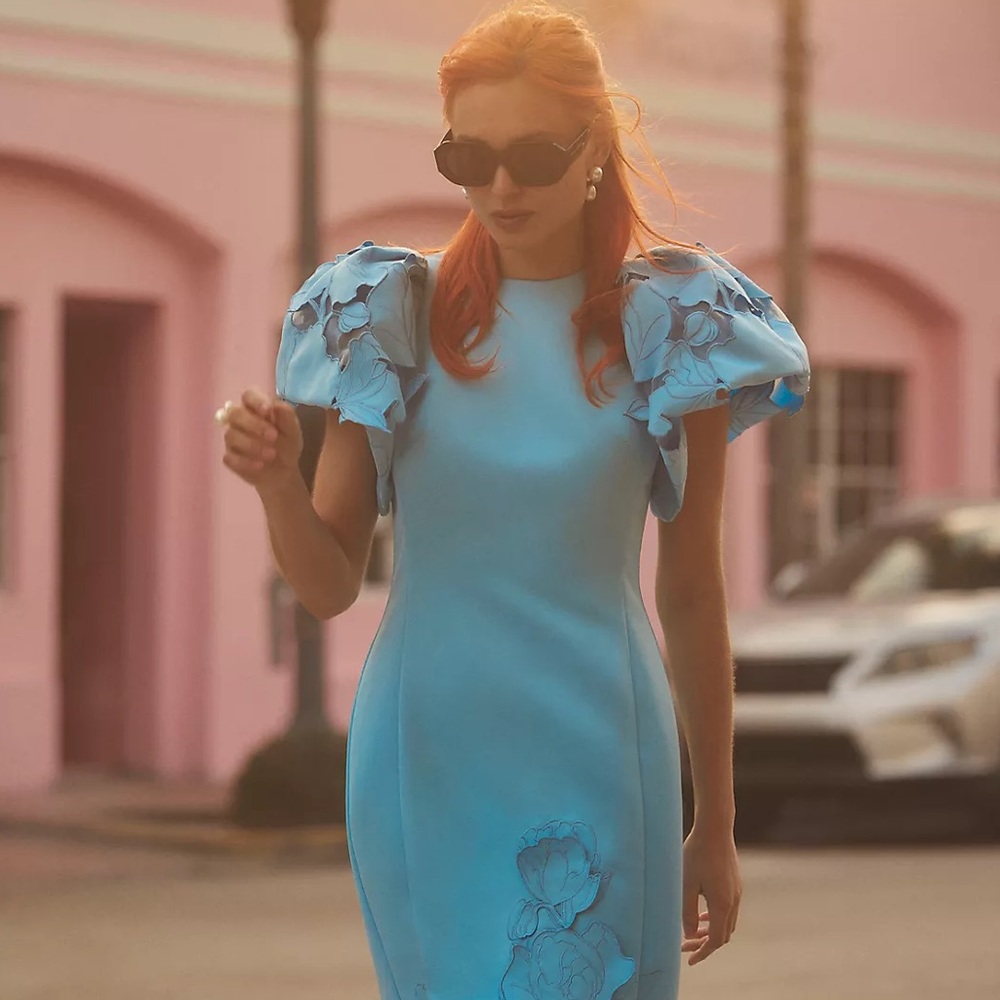 LEO LIN Lucinda Puff-Sleeve Appliqué Long Dress in Cornflower Blue.